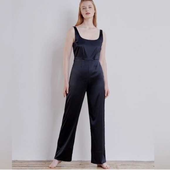 *Price Drop* NWOT ADAY midnight black stretch satin long haul jumpsuit - size M - Picture 1 of 7